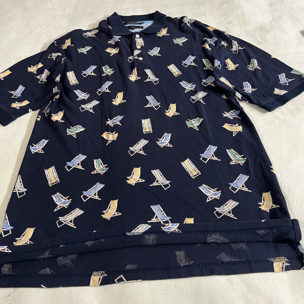 Vintage Tommy Hilfiger Golf Men Polo Shirt Navy Beach Chairs Print Short Sleeve - Picture 3 of 16